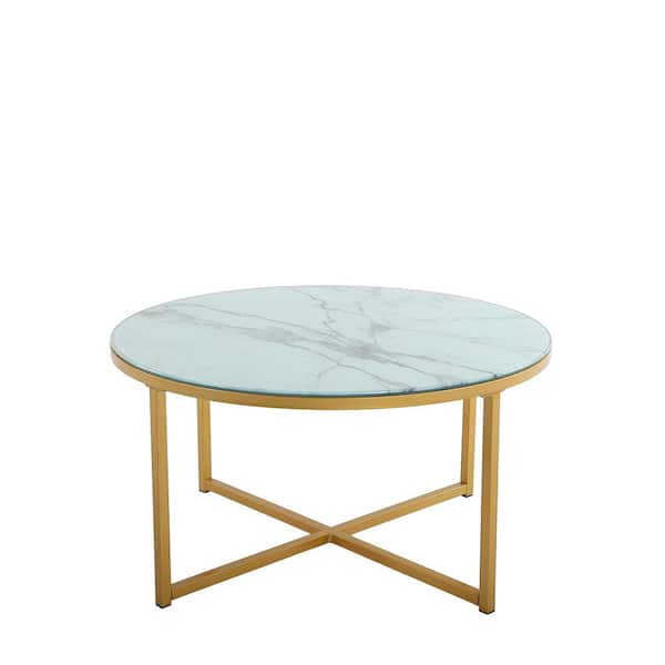 STICKON 31.5 in.Marble White Round Glass Coffee Table