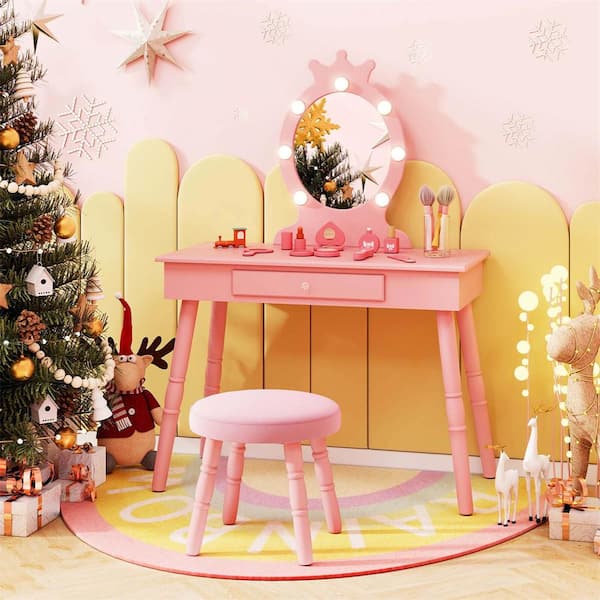 2-Piece Wood Top Pink Kids Vanity Set Princess Vanity Table and Chair Set with Lighted Mirror
