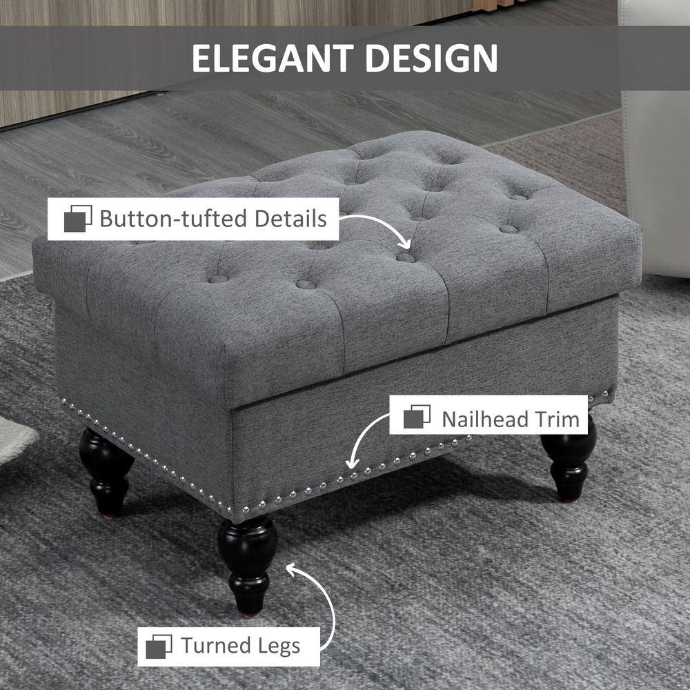 Elegant Gray 67cm Tufted Fabric Ottoman with Wood Legs and Storage
