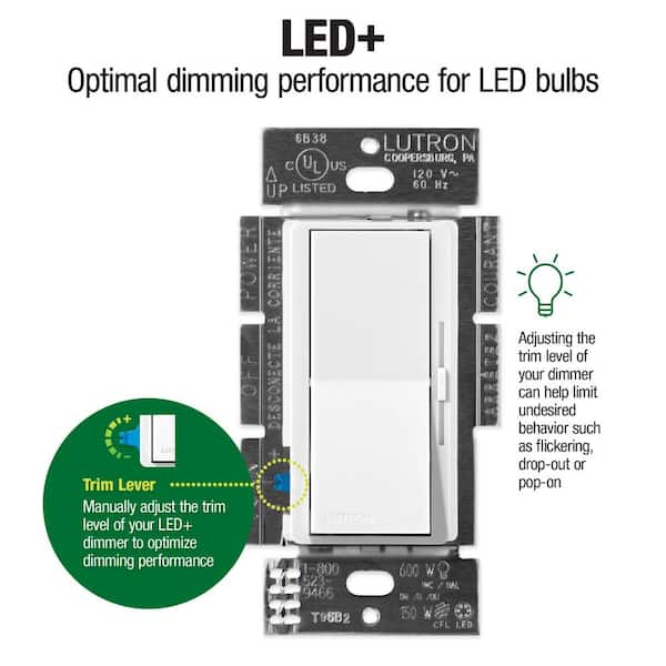 Diva LED+ Dimmer Switch w/Wallplate for Dimmable LED Bulbs, 150-Watt/Single-Pole or 3-Way, Light Almond (DVWCL-153PH-LA)