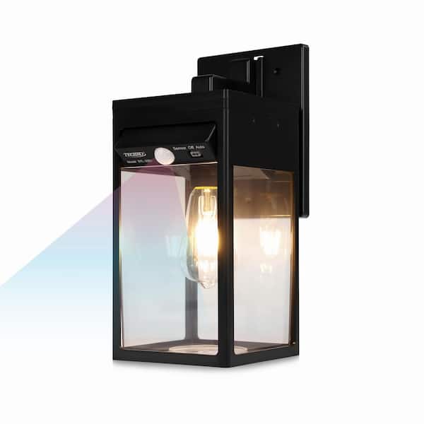 TECHKO Modern Minimal Motion Sensing LED Outdoor Solar Edison Bulb Lantern-Style Wall Light Sconce in Matte Black