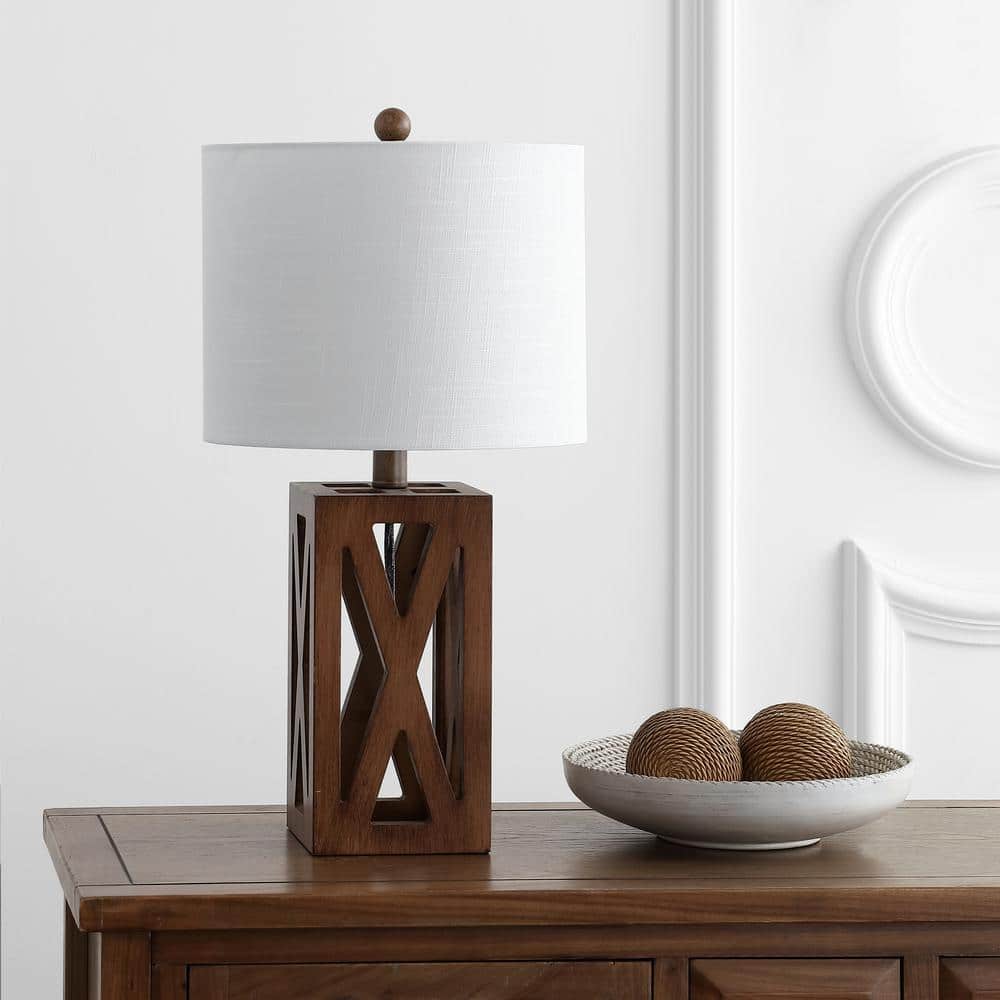 Stewart Rustic 21.5" Brown Wood Table Lamp with White Linen Shade