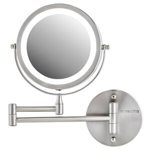 Small Round Nickel Brushed Tilting Lighted Casual Mirror (11.6 in. H x 1.4 in. W)