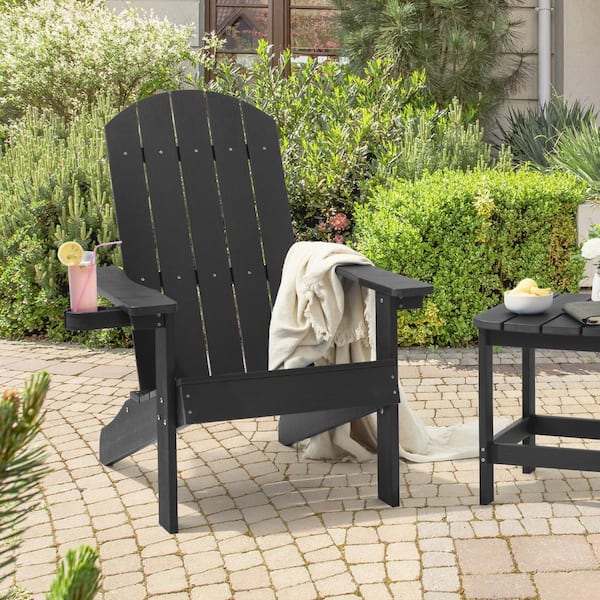 JOYESERY Recycled Plastic Black All Weather Outdoor Adirondack Chair With Cup Holder Set of 1