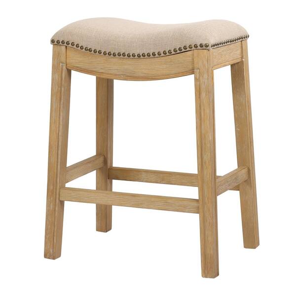 NewRidge Home Goods Saddle 26 in. Natural Backless Wood Counter Stool with Upholstered Cream Seat, 1-Stool