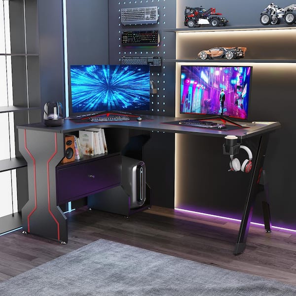 FUFU&GAGA 55.1 in. W Black L-Shaped Wood Computer Gaming Desk Office Desk, with RGB LED Light, Drawer, Open Shelf, Cup Holder