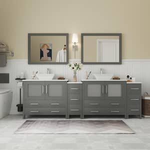 Ravenna 96 in. W Bathroom Vanity in Grey with Double Basin in White Engineered Marble Top and Mirrors