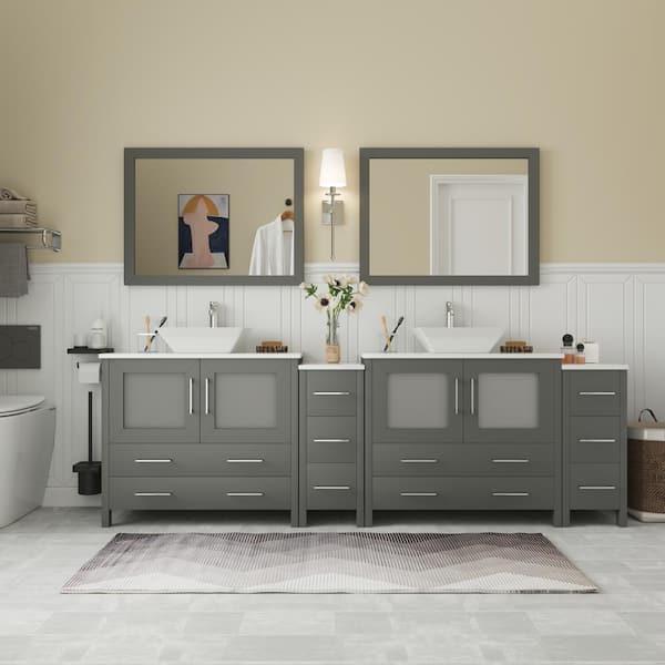 Vanity Art Ravenna 96 in. W Bathroom Vanity in Grey with Double Basin in White Engineered Marble Top and Mirrors