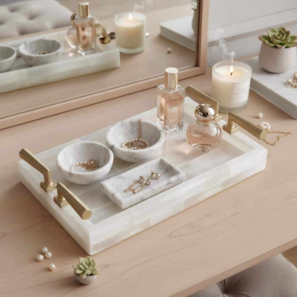 Gold/White Rectangle Stone 9 in. Decorative Tray with Handle