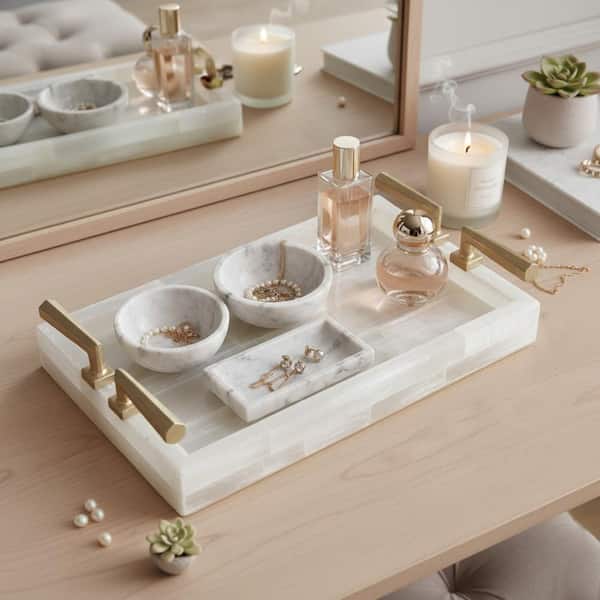 Gold/White Rectangle Stone 9 in. Decorative Tray with Handle