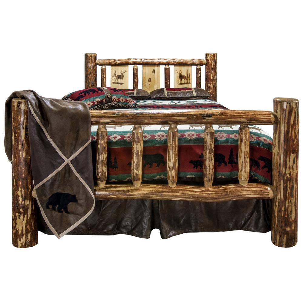 Twin Pine Wood Frame Bed with Rustic Elk Headboard Engraving