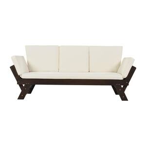1-Piece Wood Outdoor Adjustable Day Bed Sofa Sunbed Chaise Lounge with Beige Cushions