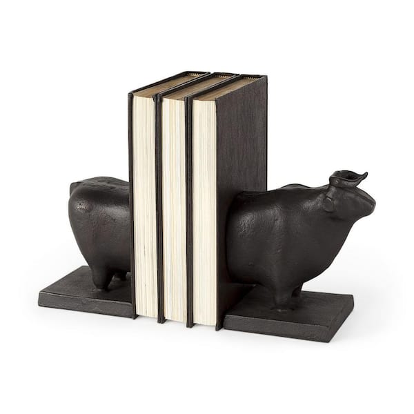 HomeRoots 6 .75 in. Black Cast Aluminum Bull Bookends