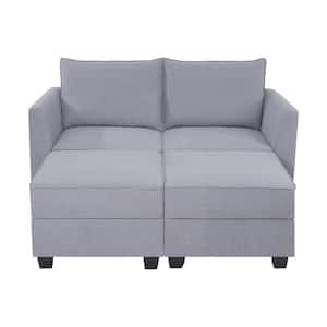 Contemporary Straight Arm Loveseat with Double Ottoman - Gray Linen