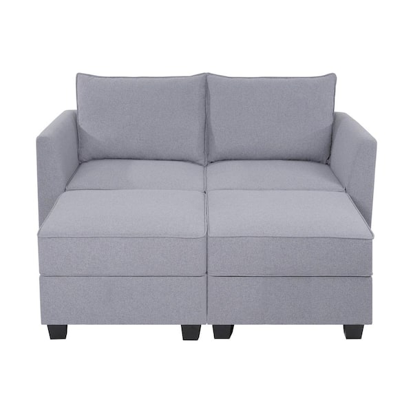 HOMESTOCK Contemporary Straight Arm Loveseat with Double Ottoman - Gray Linen
