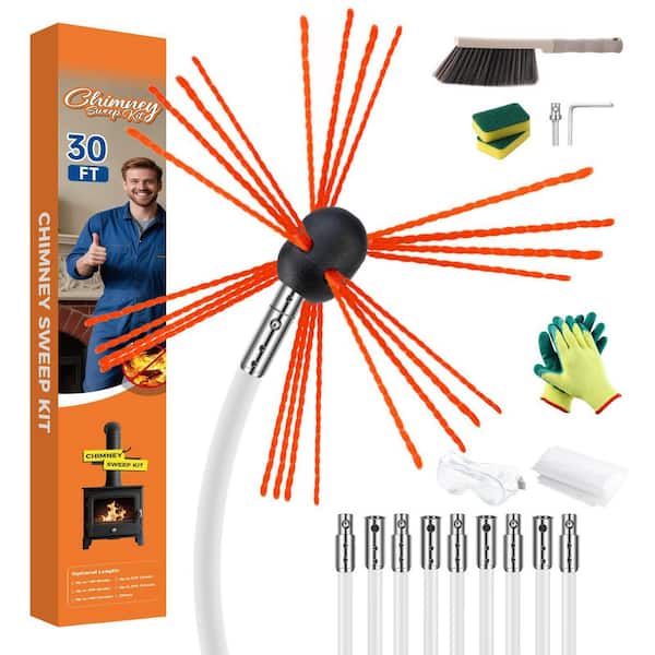 30 ft. Chimney Sweep Kit with 9-Flexible Rods and Brush, Nylon Bristles, Includes Gloves and Drill Attachment