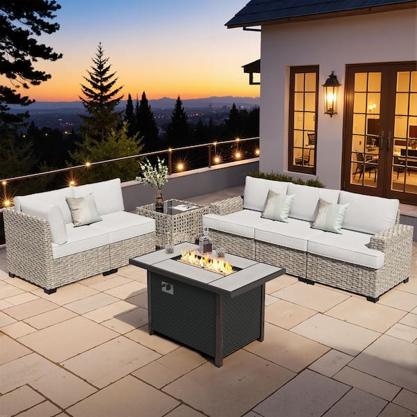 XIZZI Echelon 7-Pieces Wicker Outerdoor Patio Rectangular Fire Pit Set with Grey Cushions