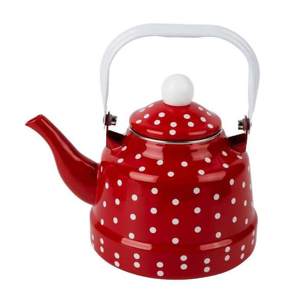 Accent Plate 1.1 Cup White Polka Dot Enamel Tea Kettle Retro Style with Handle Stainless Steel Filter Stovetop