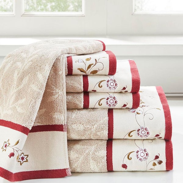 6-Piece Red Embroidered Cotton Jacquard Towel Set for Bathroom, 2-Bath Towels, 2-Hand Towels and 2- Fingertip Towel Set