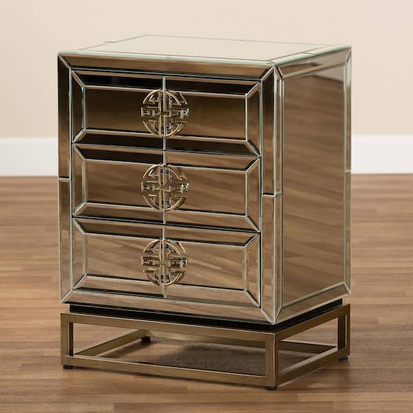 Baxton Studio Laken 3-Drawer Mirrored and Sliver Nightstand 26 in. H x 20 in. W x 14 in. D