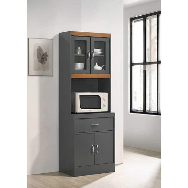 Hodedah キッチンパントリー　グレイ×オーク HODEDAH Kitchen Cabinet with 1-Drawer, plus Space for Microwave in