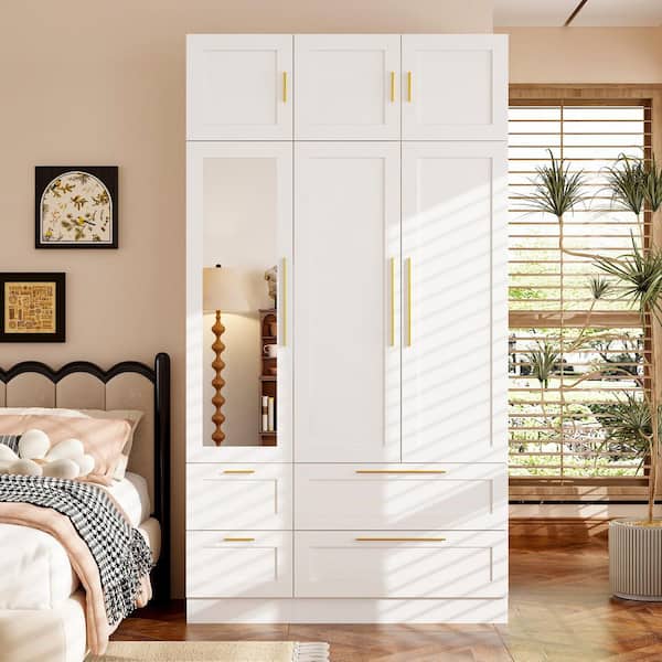 White Wood 47 in. W Armoire, Wardrobe with 4-Drawers, 6-Shelves, 1-Hanging Bar, 1-Mirrored Door & 5-Normal Doors