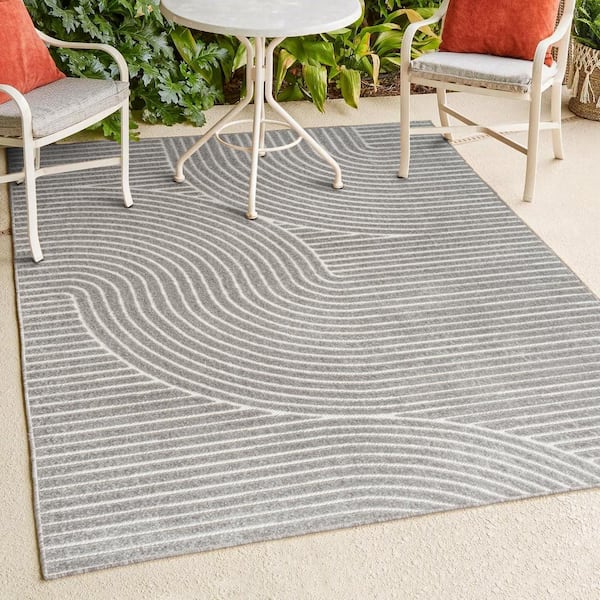 JONATHAN Y Skagen High-Low Minimalist Curve Geometric Gray/Ivory 3 ft. x 5 ft. Indoor/Outdoor Area Rug