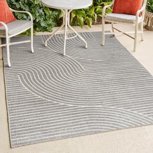 Skagen High-Low Minimalist Curve Geometric Gray/Ivory 5 ft. x 8 ft. Indoor/Outdoor Area Rug