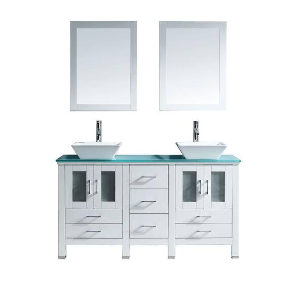 Virtu USA Bradford 60 in. W Bath Vanity in White with Glass Vanity Top in Aqua with Square Basin and Mirror