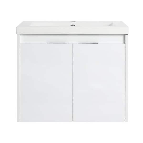 24 in. Wall-Mounted Glossy White Bath Vanity with White Cultured Marble Top and 1-Wall Cabinet Unassembled