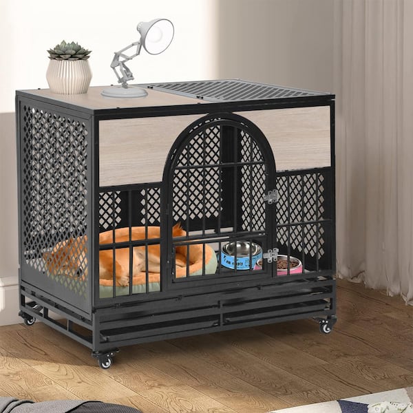 HOMLUX 41 in. L x 24 in. W x 36 in. H Furniture Style Dog Crate  w/360-Degree Swivel & Height Adjustable Eating Rack and Dog Pad 8CCD004BCC  - The Home Depot