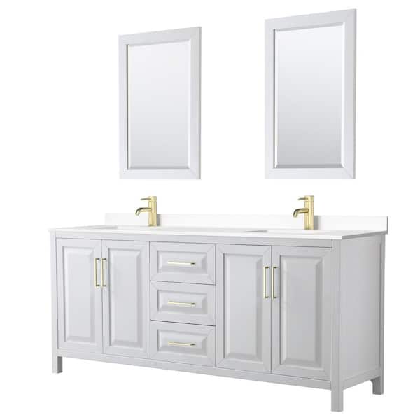 Wyndham Collection Daria 80 in. W x 22 in. D x 35.75 in. H Double Sink Bath Vanity in White with White Cultured Marble Top and 24" Mirrors