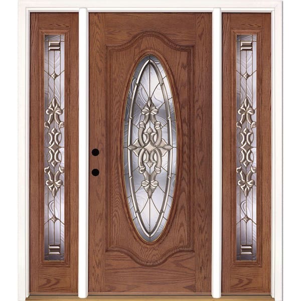 Feather River Doors 63.5 in.x81.625 in. Silverdale Brass Full Oval Stained Medium Oak Right-Hand Fiberglass Prehung Front Door w/Sidelites