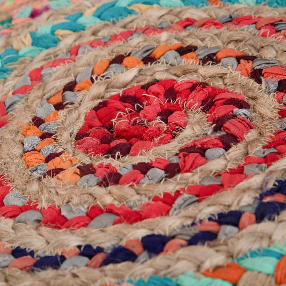 Margo Boho Hand-Braided Jute & Cotton Round Pouf, Multicolor