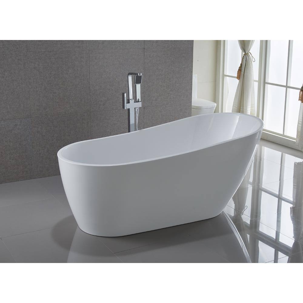 Glossy White Acrylic Freestanding Oval Bathtub with Chrome Overflow