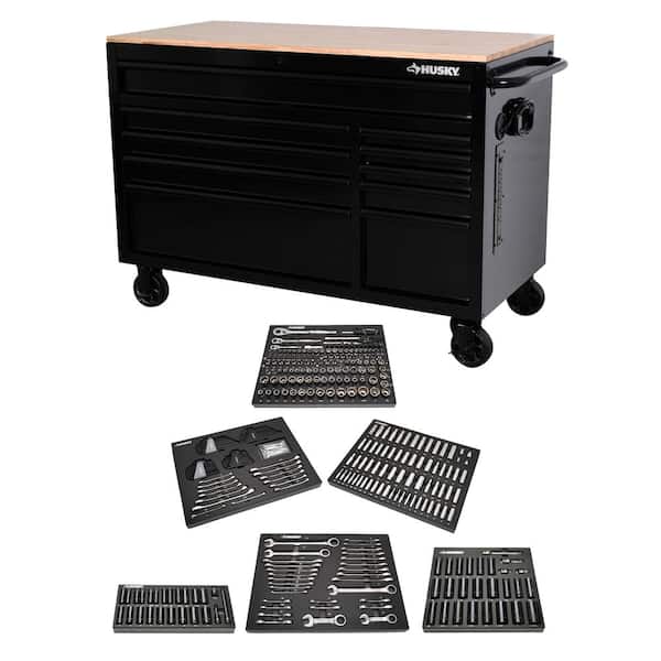 Husky 52 in. W x 25 in. D 10-Drawer Gloss Black Mobile Workbench Tool Chest with Mechanics Tool Set in Foam (370-Piece)