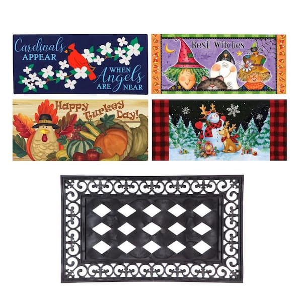 Evergreen Sassafras Fall Holiday Set of 5 Door Mats with Rubber Display Frame, Collection #6