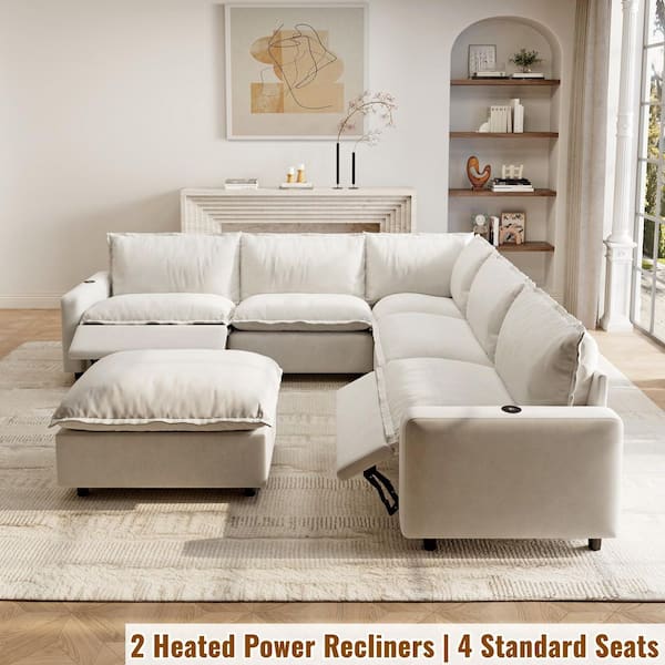 Power Recliner Couch, 107 in. Square Arm 6-Piece Linen Modular Motion Sectional Sofa with Heating, USB Ports in. Beige