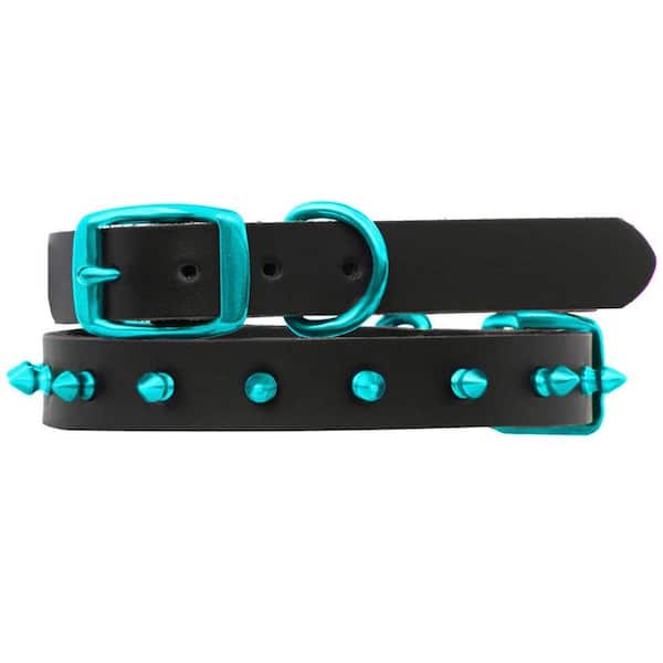 Platinum Pets 24 in. Black Genuine Leather Dog Collar in Teal Spikes