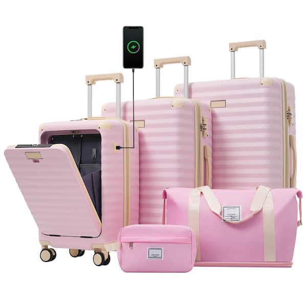 5-Piece Pink Hardside Luggage Set w/ Spinner Wheels TSA Lock USB Port Cup Holder Duffel Bag & Toiletry Bag