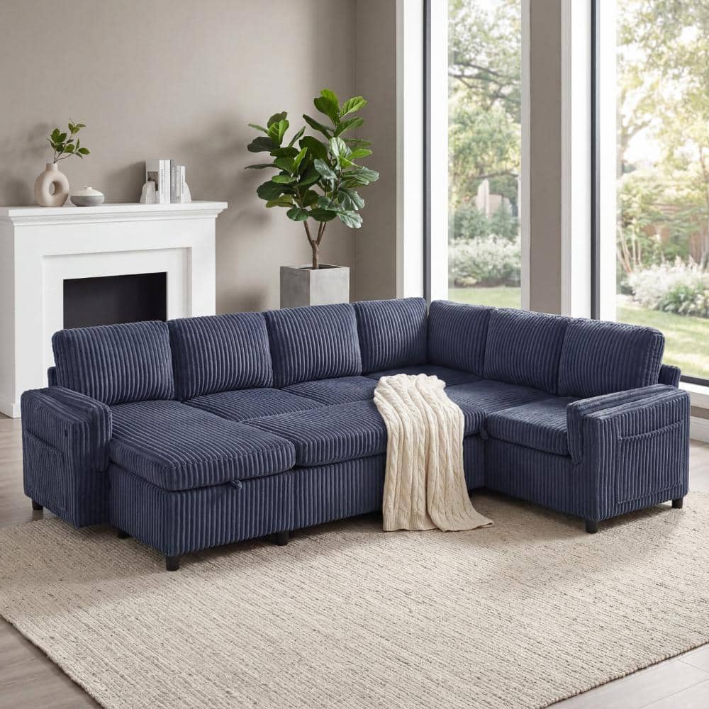 "Blue 111"" U-shaped Sectional Sofa with Convertible Pull Out Sofa Bed, USB Ports and Storage" price history on PriceWatchPro