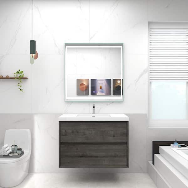 Kingdee 36 in. W x 20 in. D x 26 in. H Single Sink Floating Bath Vanity in Smoke Oak with White Acrylic Top
