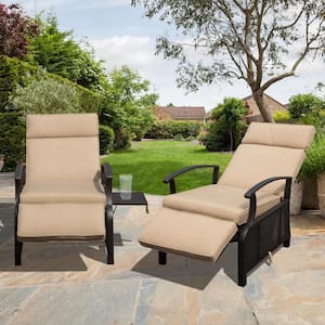 Metal Outdoor Adjustable Recliner, Patio Lounge Chair with Flip Table and Removable Beige Cushions for Garden, Poolside