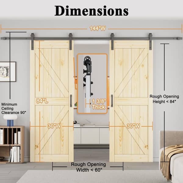 60 in. x 84 in. Paneled K-Shape Soft Close Solid Pine Wood Unfished Barn Door Slab with Installation Hardware Kit