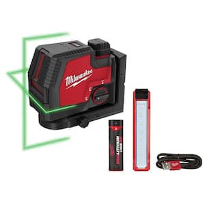 100 ft. REDLITHIUM Lithium-Ion USB Green Rechargeable Cross Line Laser Level w/Charger and Rechargeable LED Flood Light