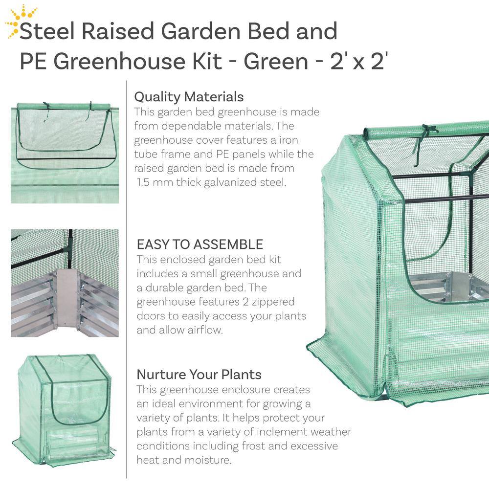 Green Steel Raised Garden Bed with PE Greenhouse Cover, 2' x 2'