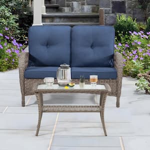 2-Piece Wicker Outdoor Patio Loveseat Conversation Set with Blue Cushions and Coffee Table