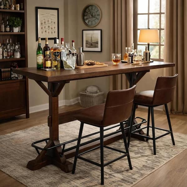 Benjara Flint 78 in. Dark Brown Wood Pub Bar Table with Black