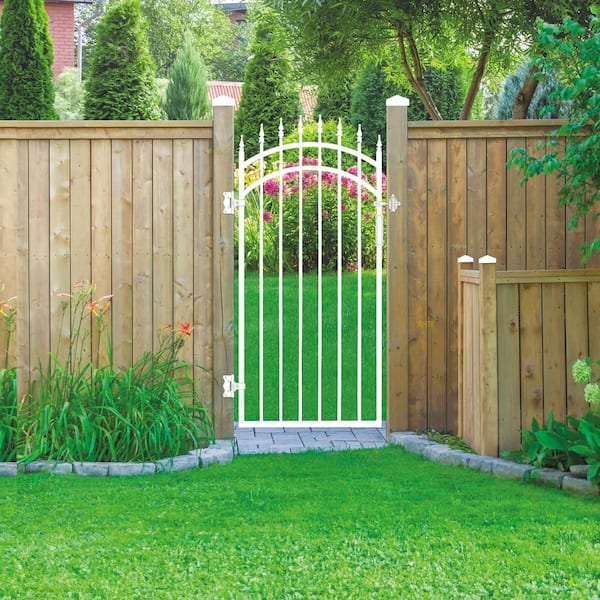 Glossy White Arched Tiger Eye Steel Gate (33 in. W x 68 in. H) with Self-Close Hardware, Double-Sided Handle, 2x2 Hinges