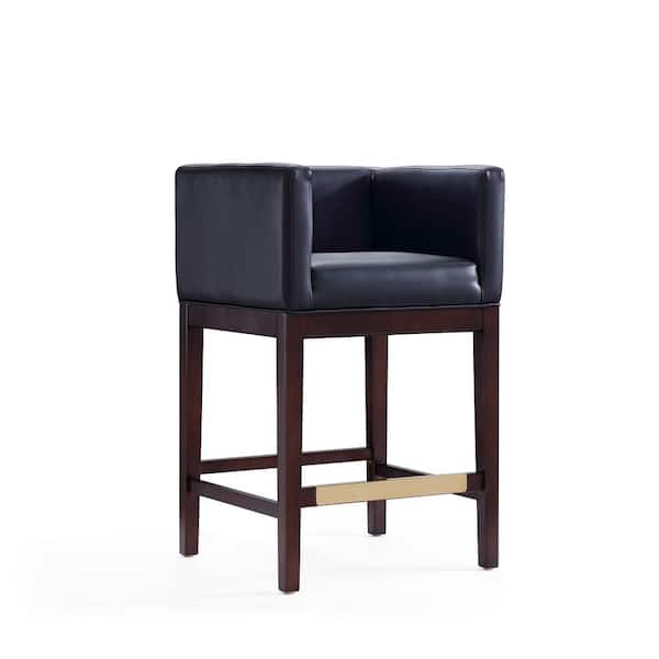 Manhattan Comfort Kingsley 26 in. Black and Dark Walnut Beech Wood Counter Stool with Faux Leather Upholstered Seat